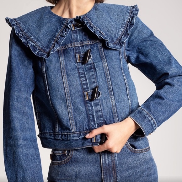 GANNI Ruffled Organic Dark Denim Jacket Size EU 32 / XS - Picture 1 of 7